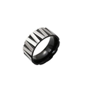 Detail of wide men's titanium ring with black inner band and V-shaped brushed metal grooves - US 7 / Black