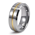 Close-up of 8mm silver tungsten ring with beveled edges and golden center groove - US 7 / Gold Center