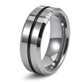 Detail of 8mm wide tungsten steel ring with silver bevel and center black inlay band - US 7 / Black Center