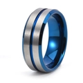 Macro detail of 8mm tungsten ring showing brushed grey surface and blue grooved center - Two-tone Frosted Blue