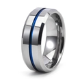 Close-up of 8mm tungsten ring with blue center groove and polished beveled edges - Blue Center