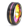 Detail of 8mm tungsten ring with black brushed surface and rainbow interior and beveled edges - Black with Rainbow