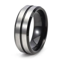 Detail of 8mm tungsten ring with silver brushed finish and black grooved dual-tone edges - Two-tone Frosted Black
