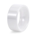Close-up of minimalist white ceramic ring featuring a wide polished smooth surface - White (10mm Width)