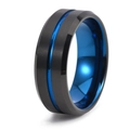 8mm wide brushed black tungsten steel ring with a vibrant blue inner band and accent groove - Black and Blue