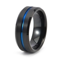 Detail view of 8mm black tungsten ring with blue center line and polished beveled edges - Blue Center Black Band