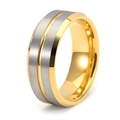 Macro detail of 8mm tungsten ring with silver brushed surface and gold center groove - Two-tone Frosted Gold