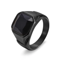 Detail view of a men's matte black stainless steel ring with square faceted black gem - Black/Black Rhinestone