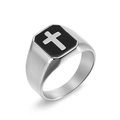 Vintage Punk Edelstahl Siegelring mit schwarzem Emaille und silbernem Kreuz Design - US 7 / Silber