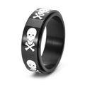 Mens black stainless steel spinner ring with white skull and crossbones pattern - US 6 / Black