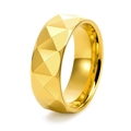 Polished gold tungsten ring with geometric faceted surface shown at a 45-degree angle - US 7 / 6MM Width / Gold