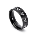 Close-up of black stainless steel ring with heart patterns and inset cubic zirconia - Black Heart Style