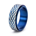 Draaibare blauw-zilveren titanium stalen ring met ruitpatroon en gezandstraalde afwerking - US 6 / Blauw