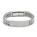 Macro detail of men's silver woven chain bracelet with engravable metal nameplate - 23CM