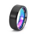 Men's titanium ring with black brushed surface and iridescent inner band on white background - US 6 / Black + Multi-color