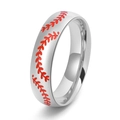 Eleganter Edelstahl-Ring im Baseball-Design mit roten Emaille-Nähstich-Details - US 7 / Poliertes Silber Doppelnaht