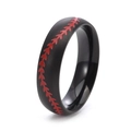 Detail of matte black titanium ring with red baseball stitch pattern and polished inner - Frosted Black Single Stitch