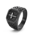 Men's vintage black stainless steel cross ring with square zircon and punk crack texture - US 7 / Black