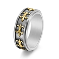 Vintage titanium steel spinning ring with golden Fleur-de-lis patterns on a grey band - US 6 / Two-tone (Gold & Silver)