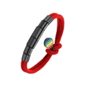 Detail of red braided Milan rope bracelet with black beads and rainbow pride pendant - 18cm / Red