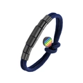 Detail of dark blue braided cord bracelet featuring black metal tubes and rainbow pendant - 18cm / Blue