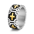 Anello punk retrò con croce in acciaio al titanio, rilievo dorato e finitura spazzolata - US 7 / Bicolore (Oro e Argento)