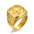 Anello con sigillo dorato vintage da uomo con rilievo a croce e motivi floreali - US 7 / Oro