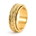 Detailed close-up of golden vintage spinner ring with engraved feather texture details - US 6 / Gold