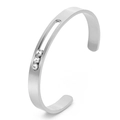 Minimalist silver steel C-shape open bangle featuring three sliding round diamonds - Steel