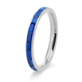 Macro shot of silver band ring featuring channel-set rectangular blue sapphire stones - Silver (Blue Zirconia)