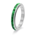Detail view of channel-set baguette green zircons on a silver eternity ring band - Silver With Green Rhinestone
