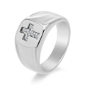 Men's silver stainless steel signet ring with inlaid cross and white stones on white background - US 6 / Silver