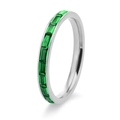 Macro view of women's 18K white gold plated ring with emerald-cut green gemstones - Silver (Green Zirconia)