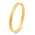 Dettaglio macro di un bracciale in acciaio al titanio dorato con trama a corda intrecciata - Oro