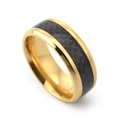 Gold finish stainless steel men's ring featuring black carbon fiber inlay and beveled edges - US 7 / Gold