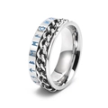 Herren Nordischer Runen-Ring mit drehbarer Kette aus poliertem blauem Titanstahl - US 7 / Silber + Blau Leuchtend