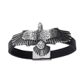 Dettaglio dell'aquila retrò su bracciale in pelle nera con chiusura in metallo lucido - 18cm