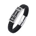 Men's black braided leather bracelet with silver cross plaque and magnetic clasp - Style D / 18cm