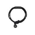 Detail of black woven rope bracelet with 316L stainless steel clasp and engraved tag - Black / 18cm