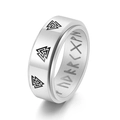 Mens rotatable black titanium Viking Valknut ring with engraved Nordic Runes symbols - US 6 / Silver