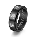 Macro shot of Viking Valknut symbols and Rune engravings on a black titanium steel ring - US 6 / Black