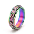Close-up of rainbow rotatable anxiety ring featuring sun, moon and star carvings - US 5 / Colorful