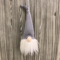 Detail of Nordic gnome ornament with grey knitted hat and soft white plush beard decoration - Grey Twist Knit Style