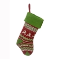 Dettaglio calza di Natale in maglia rossa e verde con renne e motivi geometrici - Calza a Maglia Renna
