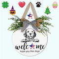 Round wooden welcome door sign with golden retriever dog and seasonal holiday icons - White Pet Dog Welcome Sign