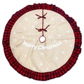 Weihnachtsbaumdecke mit Merry Christmas Text, Schneeflocken und rot-schwarzem Karomuster - Gerüschte Karo Weihnachtsbaumdecke / Naturjute & Rot-Schwarz-Karo
