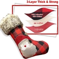 Calza natalizia classica a quadri rossi con design a 3 strati e applique Babbo Natale - Babbo Natale