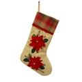 Linen Christmas stocking with red poinsettia flowers and plaid cuff on white background - Double Poinsettia Burlap Stocking