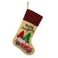 Linen Christmas stocking with red plaid cuff featuring Merry Christmas gnome truck print - Santa Truck Gnome Burlap Stocking