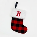 Dettaglio calza di Natale a quadri rossi e neri con bordo in peluche bianco e lettera B - Lettera B / Piccolo